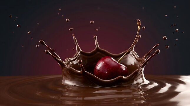Buah ceri merah segar tenggelam ke dalam cipratan cokelat leleh yang mewah melambangkan godaan rasa manis dan kemanjaan premium