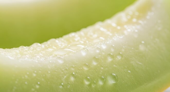 Macro view of glistening honeydew melon slice showing refreshing water droplets and fresh texture