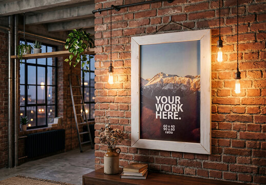 Vertical Photo Frame Mockup on the wall in loft interior