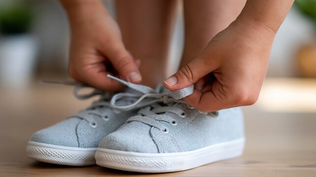 Close-up of hands tying laces on gray canvas sneakers indoors on wooden floor, showing preparation for daily activity.