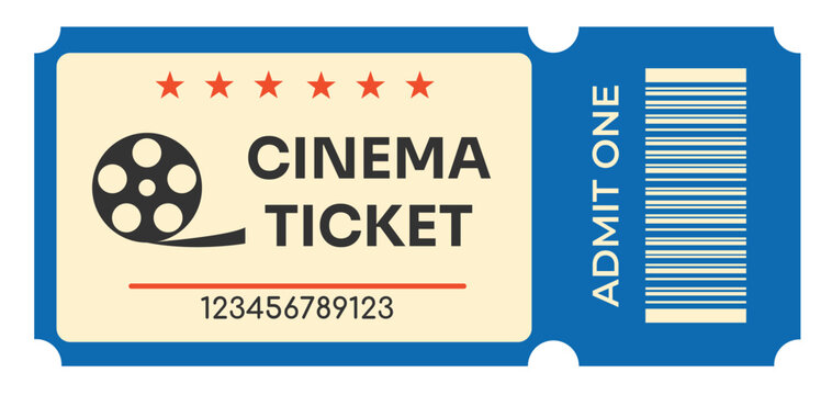 Cinema admission ticket template with film reel and barcode in flat style