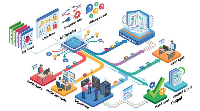 Isometric AI customer support workflow diagram showing collaborative digital transformation process for business presentations with colorful tech analytics interface
