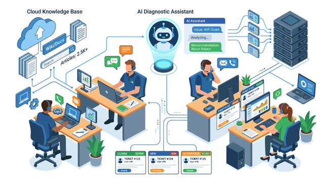 Isometric AI IT support team resolving network issues with cloud knowledge base in modern office, blue tech workflow illustration for business presentation and digital transformation