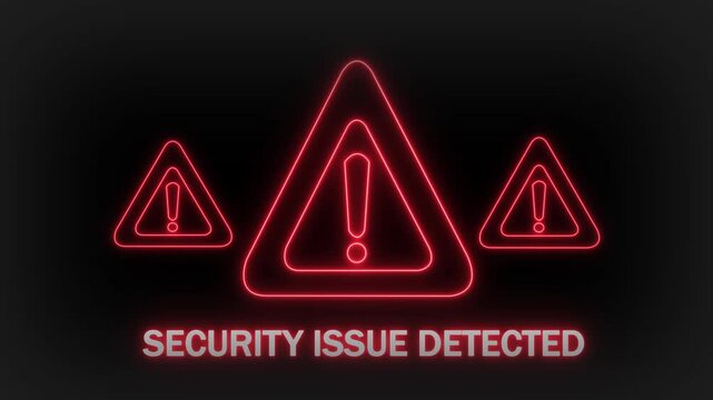 Three illuminated red neon warning triangles with exclamation marks inside them are positioned in a row on a dark background with the text SECURITYISUEDETECTED below