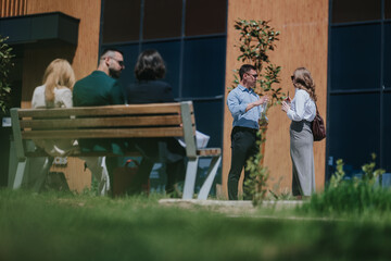 Obraz premium Two businesspeople talk casually outside an office building during a break. Colleagues hold a discussion near benches and greenery in a corporate courtyard.