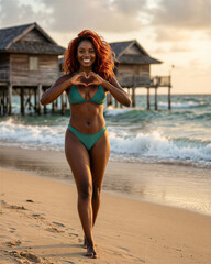 Fototapeta premium Smiling African woman with wavy hair wearing a green bikini and standing on the beach, making heart hands facing the camera with her bare feet on warm sand.
