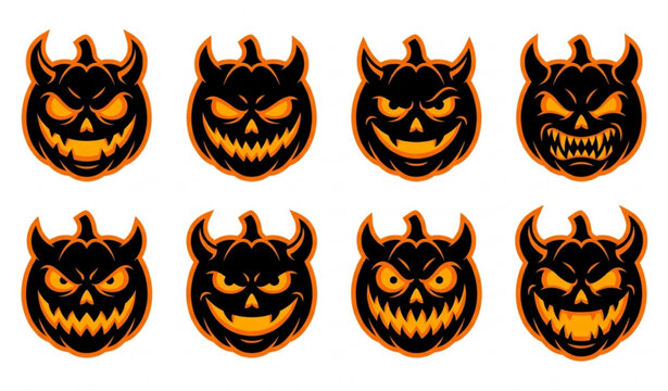 Scary pumpkin devil mask collection with evil Halloween faces in flat vector style