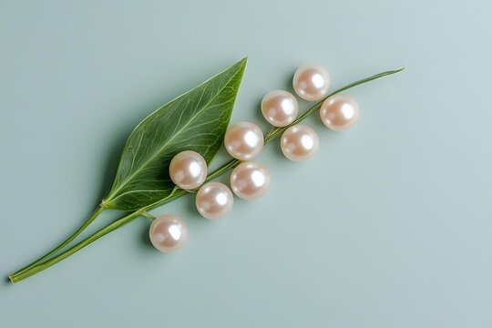 Lustrous pink pearls arranged with green leaves on a soft mint background, evoking elegance and natural luxury for beauty and jewelry concepts.