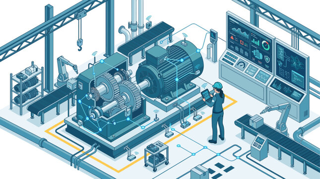 Isometric smart factory engineer monitoring industrial motor and automated machinery in blue high tech manufacturing facility for digital transformation presentation