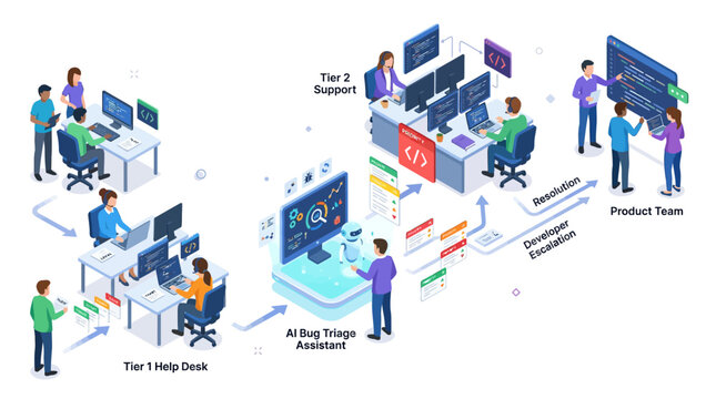 Isometric IT support workflow with AI bug triage assistant, help desk agents and developer collaboration for digital transformation in modern blue office illustration