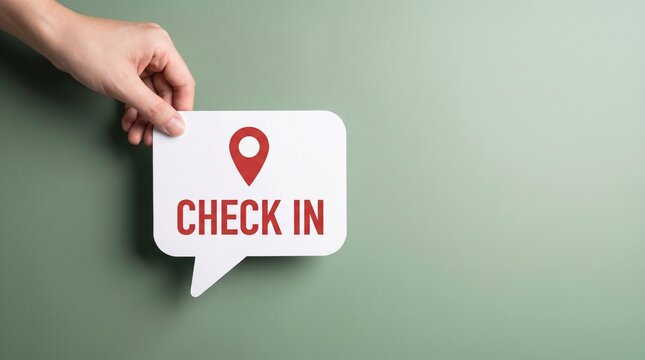 Check in location pin icon on speech bubble, hand holding white sign with red text, travel destination and arrival concept on green background