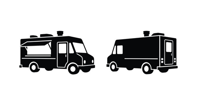 Food truck silhouettes two views of a mobile kitchen on white background silhouette