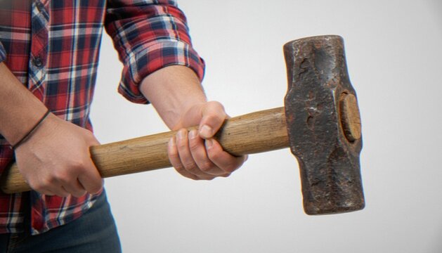 A close-up shot of a person in a plaid shirt holding a heavy sledgehammer against a white background.