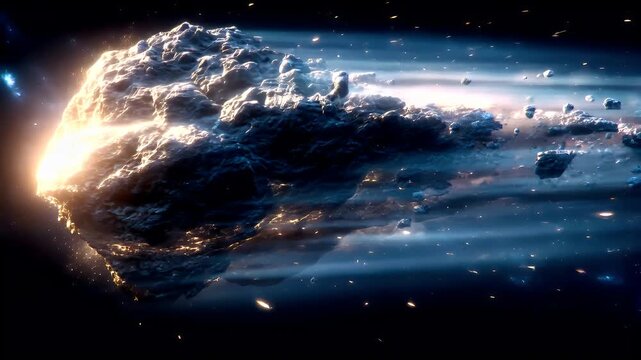 Space universe exploration, fantasy, mysterious. A vivid depiction of a celestial scene depicts a large, rocky asteroid in space. The asteroid is illuminated by a bright, radiant light source.