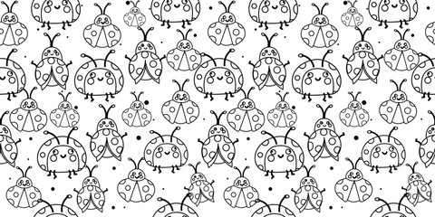 Dense ladybug outline seamless pattern on white background © Elena