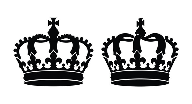 Two ornate royal crowns in black silhouette