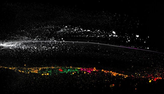 Abstract streaks of white and colorful powder particles exploding and scattering against a dark