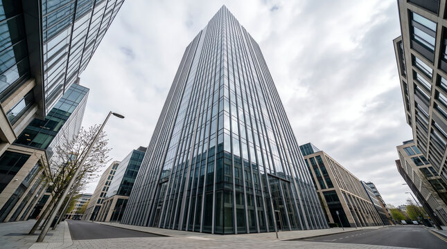 Tall glass curtain wall tower with sleek mullion lines reflecting soft cloudy sky from upward street angle
