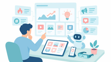 Fototapeta premium Man and ai robot manage social media in a bright blue flat vector futuristic remote workspace.