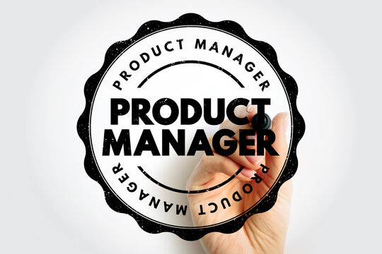 PRODUCT MANAGER stamp design with strong central wording and circular repeated text, captured as a hand presses the emblem. Business product oversight role expressed in a textured official-style badge
