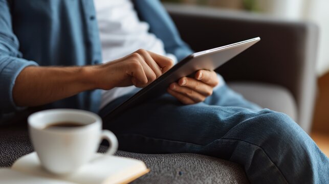 Person using digital tablet on sofa at home with coffee cup in foreground.