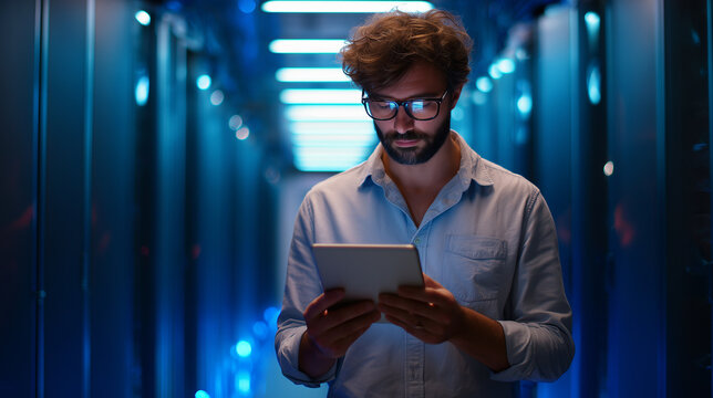 Data center technician checking tablet in dimly lit server aisle with blue cinematic bokeh lighting