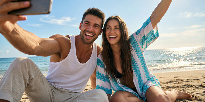 Smiling young man in a white tank top and smiling young woman with long brown hair in an unbuttoned blue and white striped shirt take a picture of themselves on a beach.