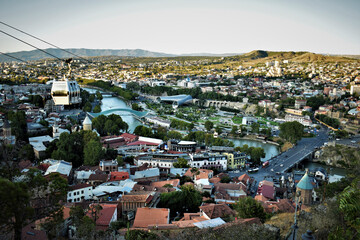 Aerial View of Tbilisi City with Cable Car and Kura River, Georgia © Sylwia