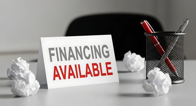 Sign indicating financing is available on a desk with crumpled paper balls and pens.