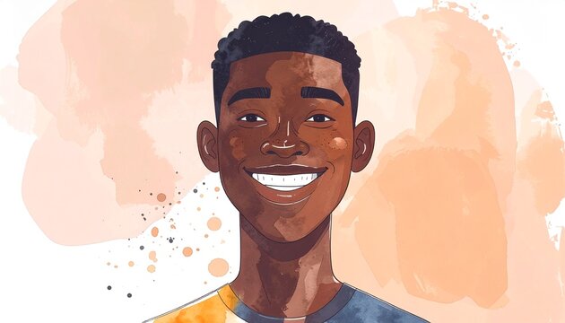 Minimalist watercolor cartoon illustration of character with a happy expression