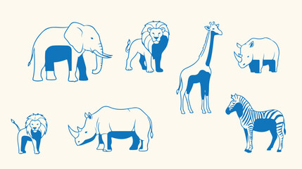 African safari animals set with elephant lion zebra rhino and giraffe line art style blue. © TREND AND VECTORS