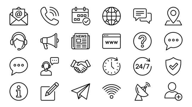 Collection of 20 customer service and communication icons in black and white