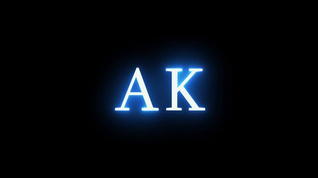 Neon blue light effect glowing text ak on black background, bright electric font with motion graphic animation, modern art design