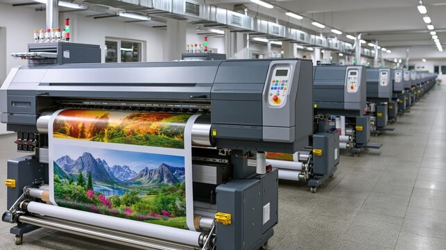 Row of industrial wide-format printers producing vibrant landscape prints in a clean production facility