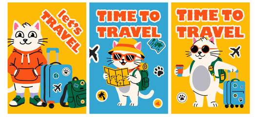 Fototapeta premium Cute Tourist Cat with Luggage Posters