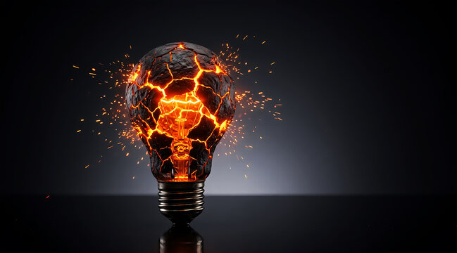Explosive Innovation Light Bulb Concept with Cracked Lava Energy Symbolizing Creative Breakthrough and Powerful Ideas