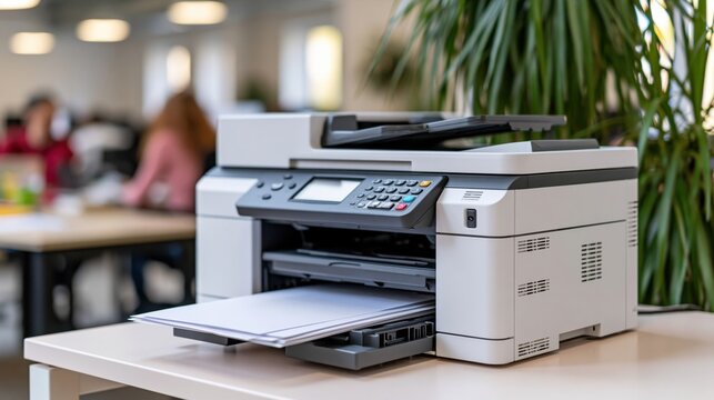 Modern white and charcoal office multifunction printer on a desk with plant