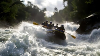 Fototapeta premium Blurred action shot of a whitewater rafting team navigating turbulent rapids in a lush forest