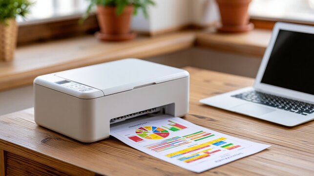 White inkjet printer outputs colorful charts and graphs onto a wooden desk