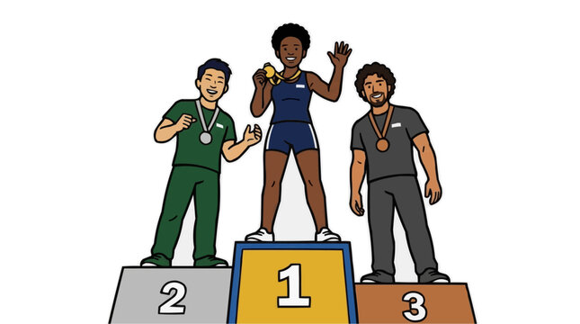 Diverse athletes on podium celebrating with medals and trophies
