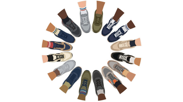 Flat lay arrangement of colorful sneakers and shoes in circle on white background