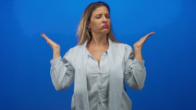 Woman in striped shirt with palms up shrugging hands and pursed lips in studio setting; indifference doubt detachment.