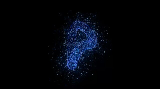 Digital 3d infinity symbol with glowing blue particle dots and futuristic data numbers, endless technology loop background, electronic cyberspace energy flow on black screen in Ultra HD 4K animation