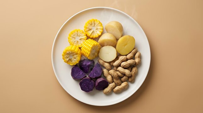 Aneka camilan sehat rebus menyajikan potongan jagung manis kentang ubi ungu dan kacang tanah melambangkan gaya hidup diet nutrisi alami