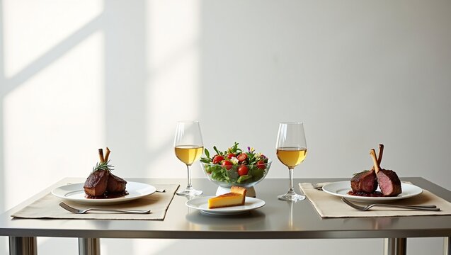 A minimalist two‑person fine‑dining table setup with lamb chops, floral‑topped salad, dessert slice, and amber‑hued wine glasses under soft natural light.