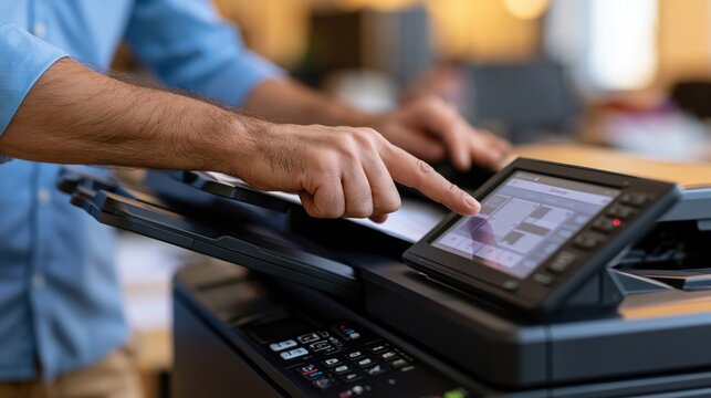 Man's hands operating a modern multifunction printer touchscreen interface