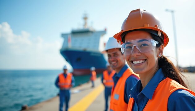 Smiling female engineer on offshore platform with ship. Maritime workers in safety vests and hard hats stand on dock. Team in port works near cargo ship.