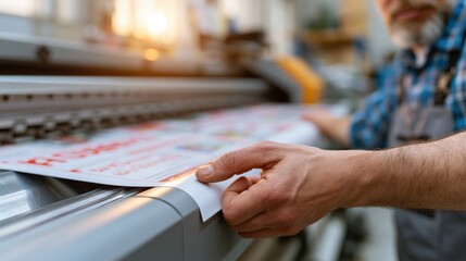 Naklejka premium Close-up of technician's hand guiding a large vinyl banner through a printing machine