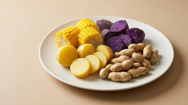Hidangan camilan tradisional kukus menampilkan potongan jagung kentang ubi ungu dan kacang melambangkan komitmen nutrisi serta pola makan sehat