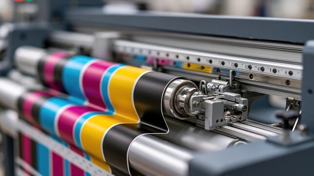 Close-up of an industrial wide-format printer outputting CMYK colored media